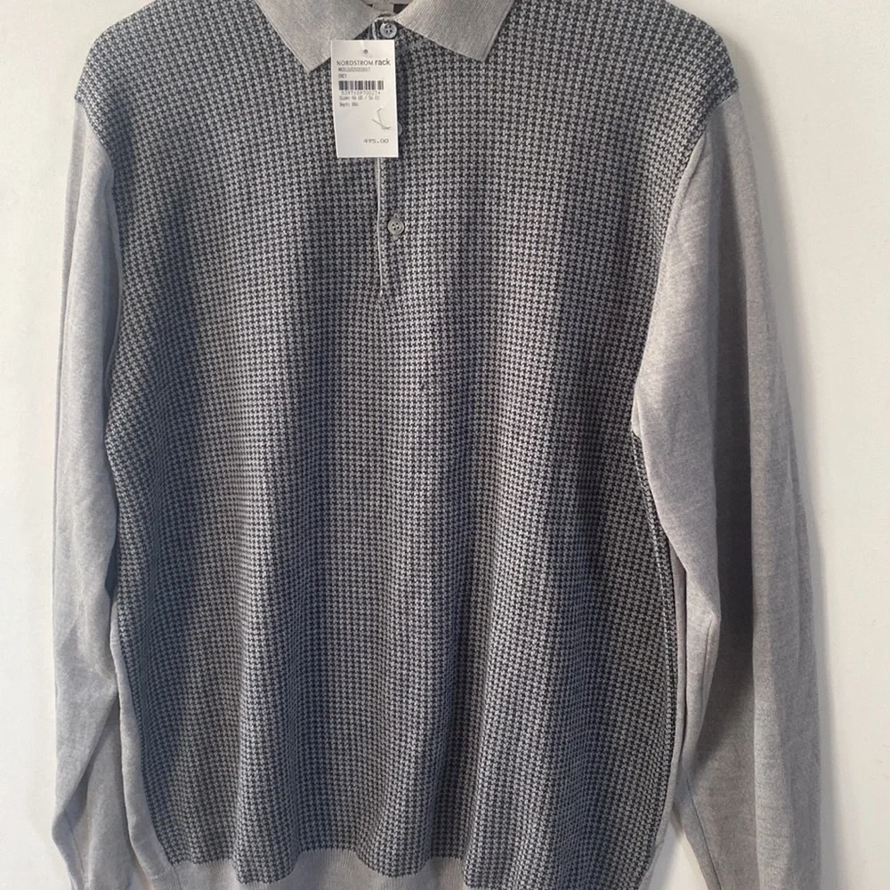 Canali Mens Long-sleeve Gray & Black‎ Houndstooth print front Sweater, Size XXL